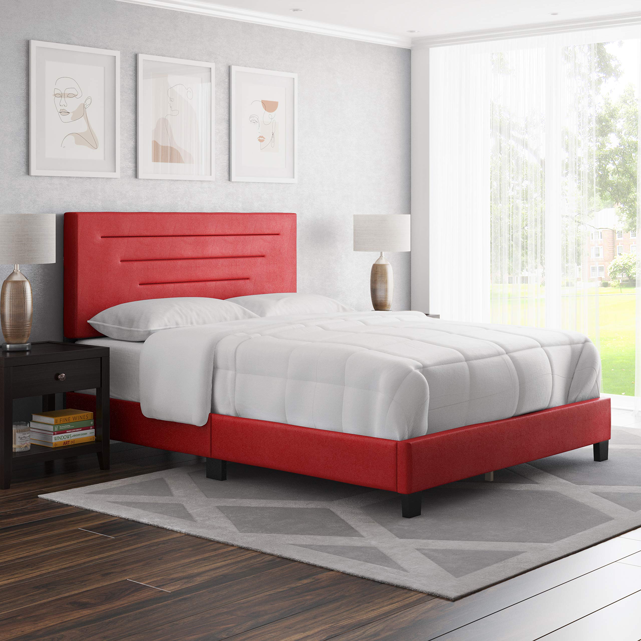 Boyd Sleep Luxenbourg Upholstered Platform Bed with Headboard and Durable Mattress Foundation with Strong Wood Slat Supports, Box Spring Required: Queen, Red